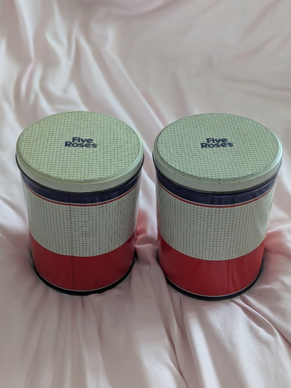 Five Roses Red White Grid Vintage Vulcan Flour Tins Set of 2